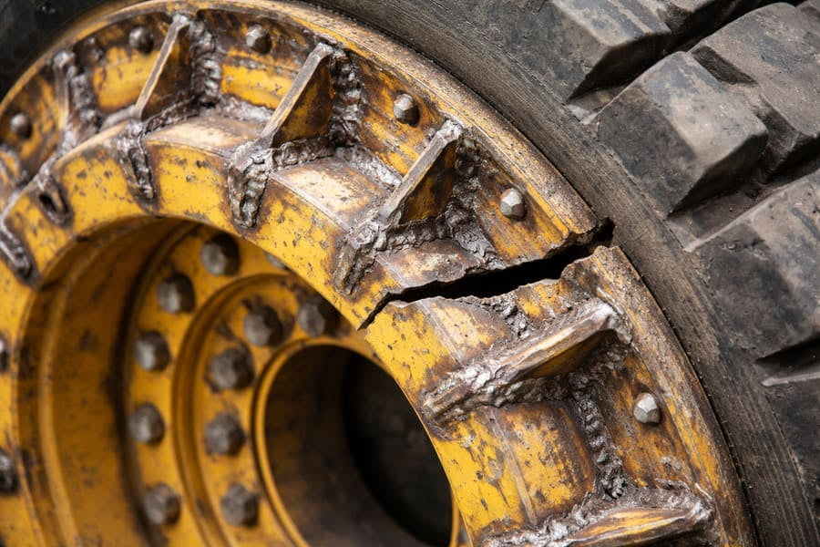 An over-welded OTR wheel with multiple gussets and reinforcements