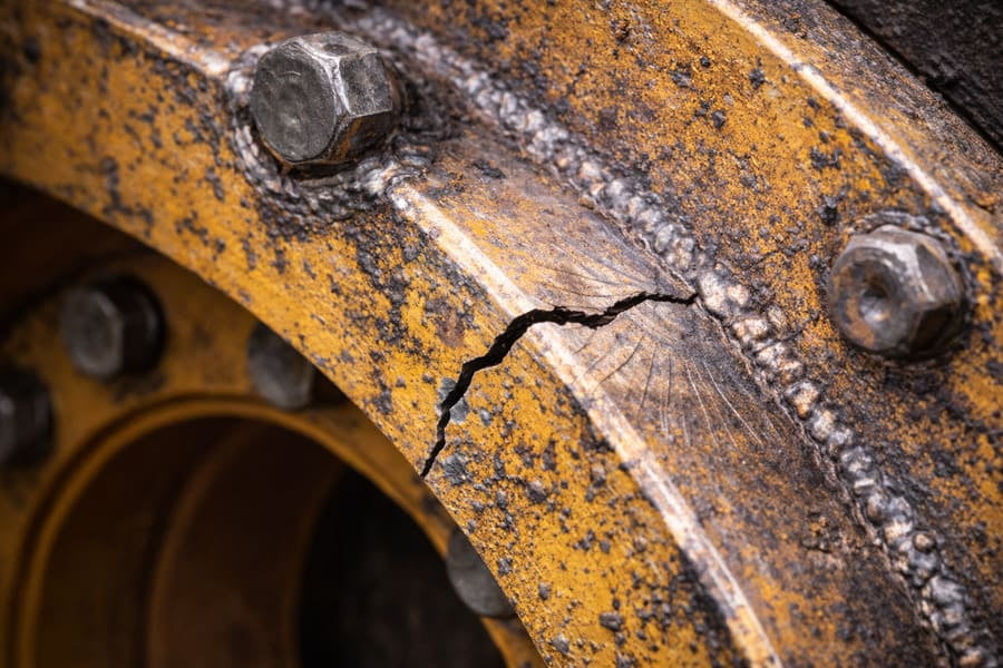 A close-up of a fatigue crack propagating from a high-stress point on an OTR wheel