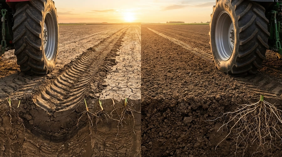 A tractor in a field showing a wide tire footprint, illustrating good soil health practices.