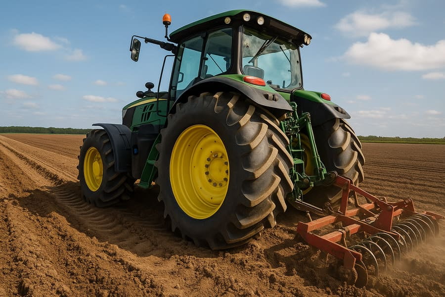 A modern tractor with large tubeless agricultural tires working in a field.