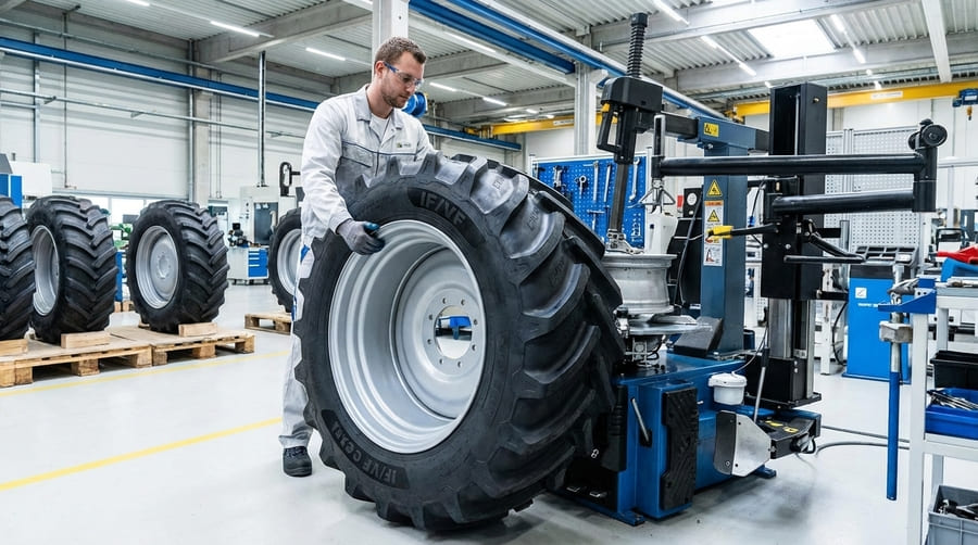 A professional technician assembling a complete agricultural wheel system in a clean, modern factory.