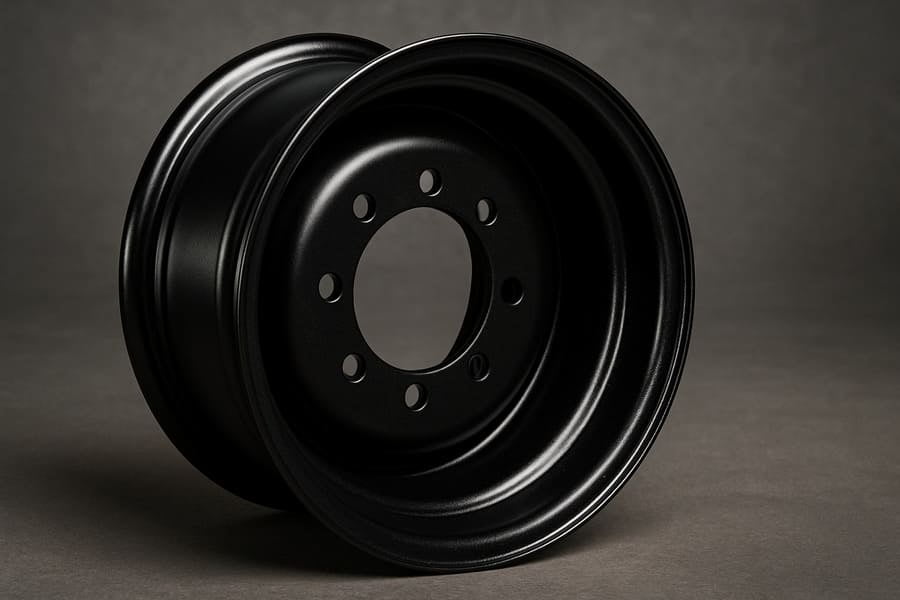 A close-up shot of a pristine, black powder-coated agricultural rim, looking durable and new.