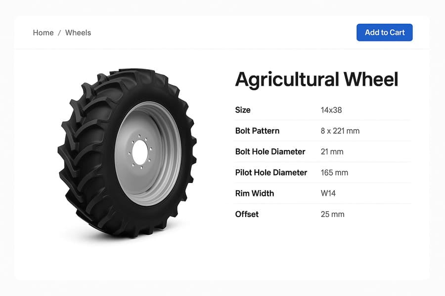A clean, professional online store page showing an agricultural wheel with clear specifications listed beside it.