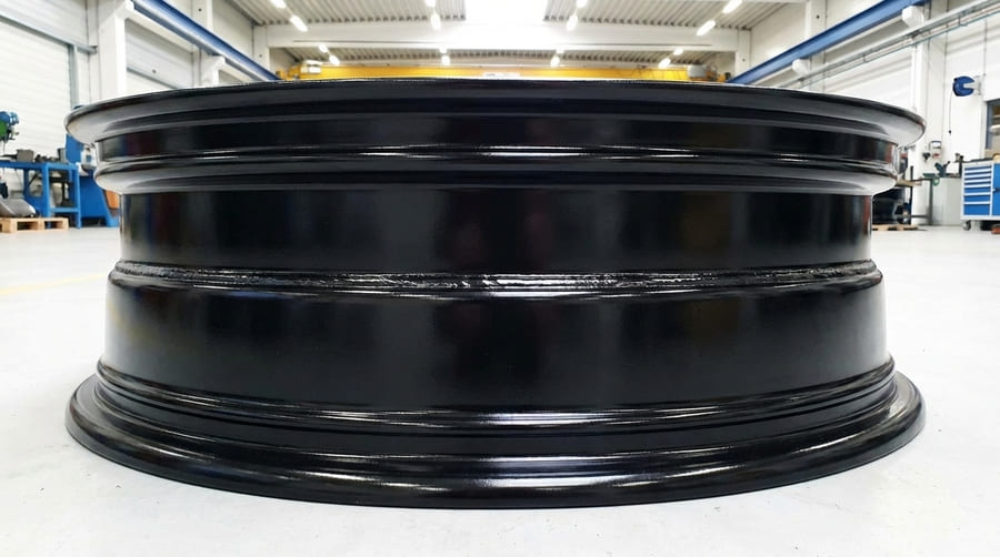 A close-up shot of a pristine, newly manufactured agricultural rim showcasing its flawless finish and strong weld.