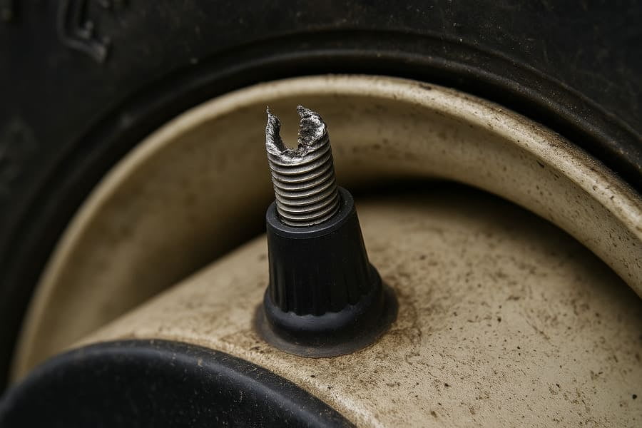 A close-up image showing a sheared-off valve stem on an agricultural tire.