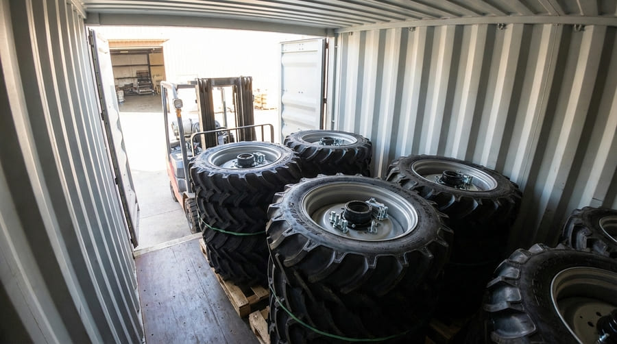 Agricultural tires and rims being efficiently loaded into a shipping container.
