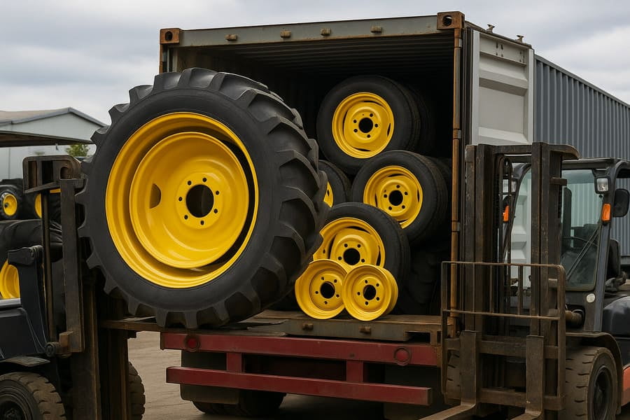 A large tractor wheel being loaded, with smaller implement wheels nested inside it.