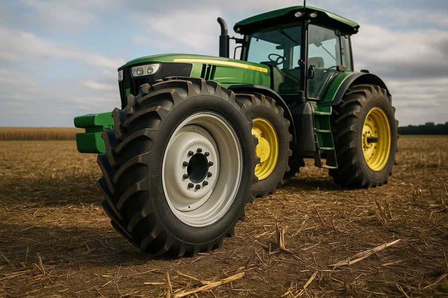 A complete spare wheel and tire assembly leaning against a tractor, ready for use in a field.