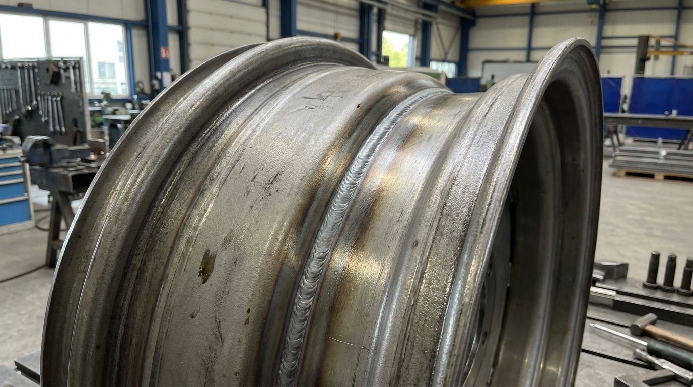 A close-up of a high-quality weld on a heavy-duty agricultural steel rim.