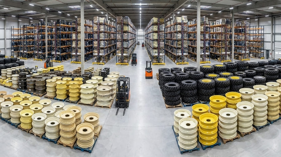 A large, modern warehouse filled with neatly stacked agricultural tires and rims.