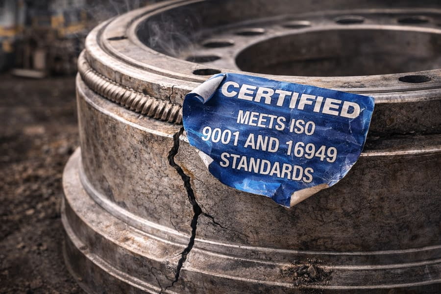 An OTR wheel with a fatigue crack, with a "Pass" certificate stamp superimposed over it