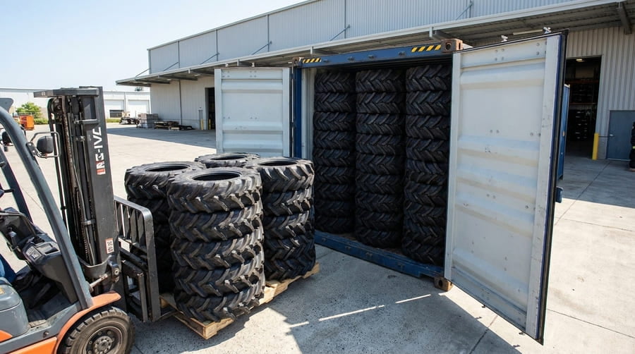 A single, large shipping container being unloaded, full of identical agricultural tires.