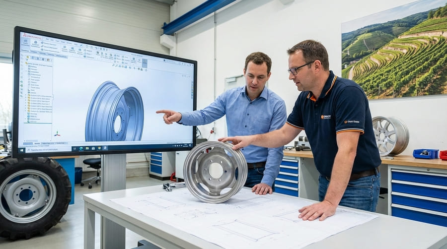 A close-up photo showing a custom-designed mounting pattern on a new agricultural steel rim.