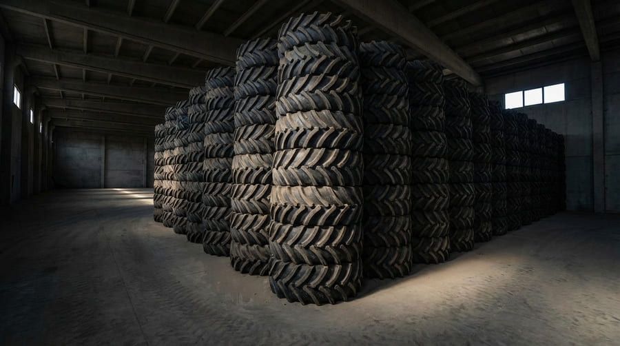 A single, massive stack of identical agricultural tires in a warehouse, representing a high-risk investment.