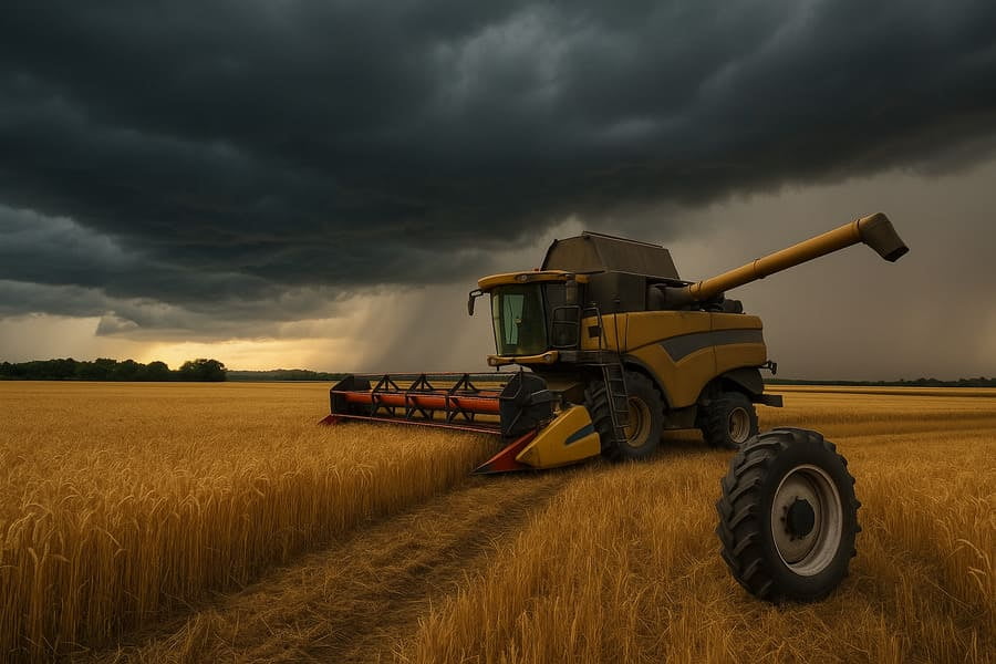 A combine harvester stopped in a golden wheat field under a darkening, stormy sky.