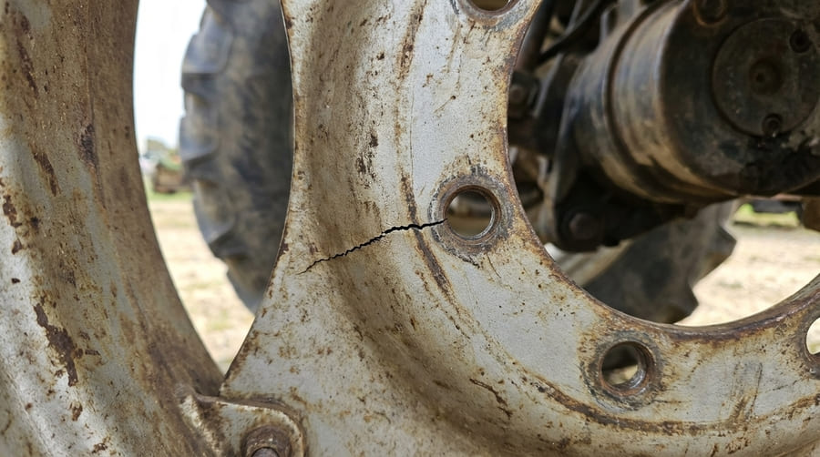 An extreme close-up of a stress crack forming on the spoke plate of a tractor rim.