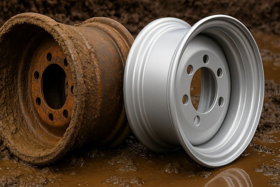 An image showing a standard, corroded rim next to a new, robust paddy field rim.