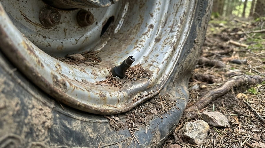 A close-up of a damaged rim with a bent edge and a broken valve stem.