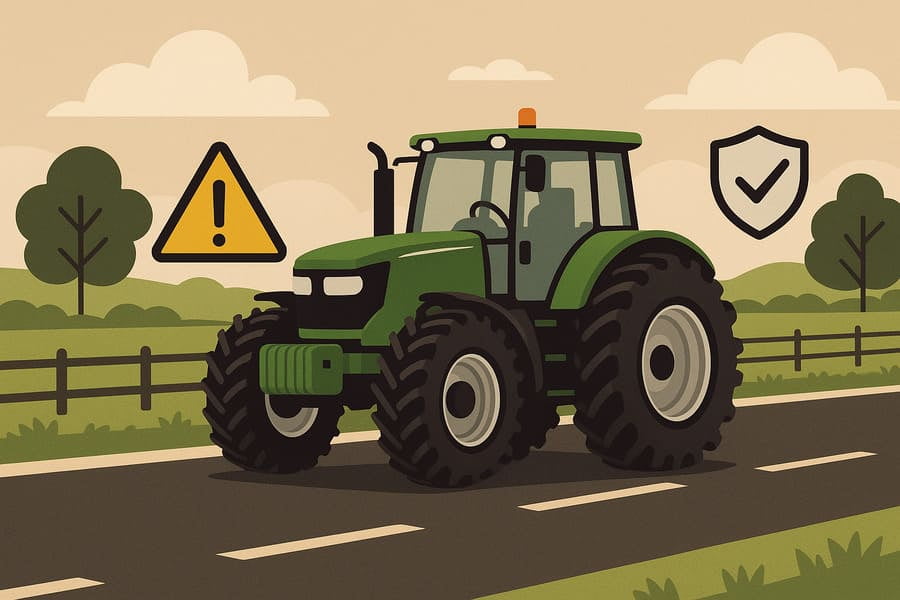 A diagram showing a tractor legally driving on a public road with icons representing safety and compliance.