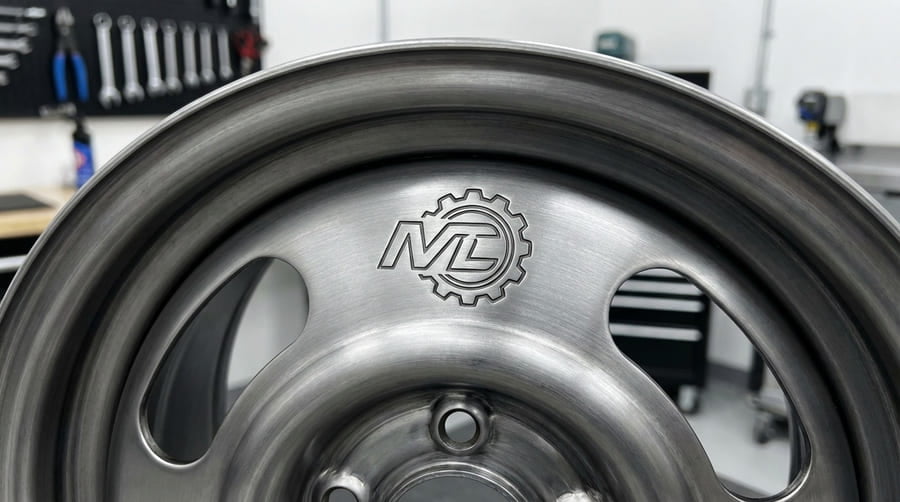 A close-up shot of a custom-branded logo stamped directly onto a clean, new wheel rim.
