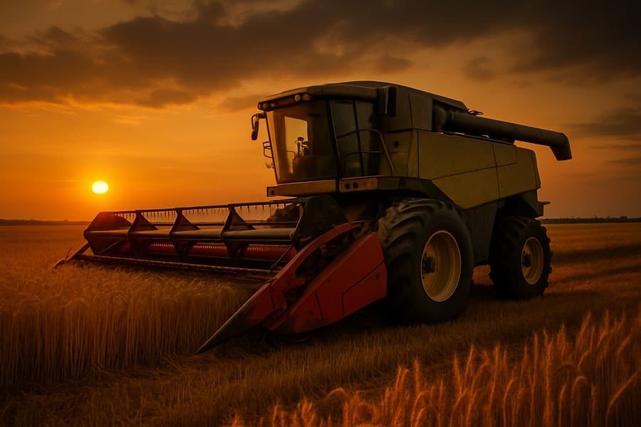 A dramatic image of a massive harvester sitting idle in a ripe wheat field under a setting sun.