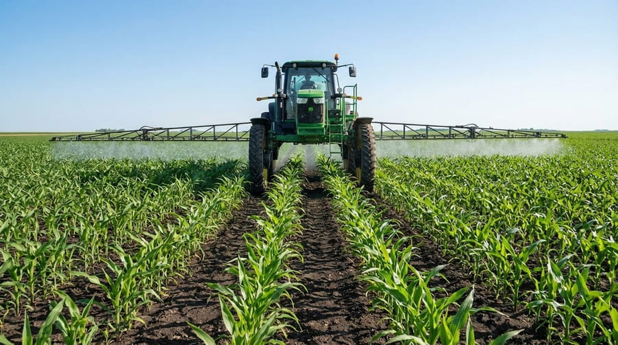A tractor equipped with tall, narrow wheels spraying a field of young corn plants without touching them.