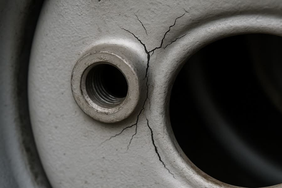 A close-up, analytical image showing stress-crack lines on a failed rim's bolt hole area.