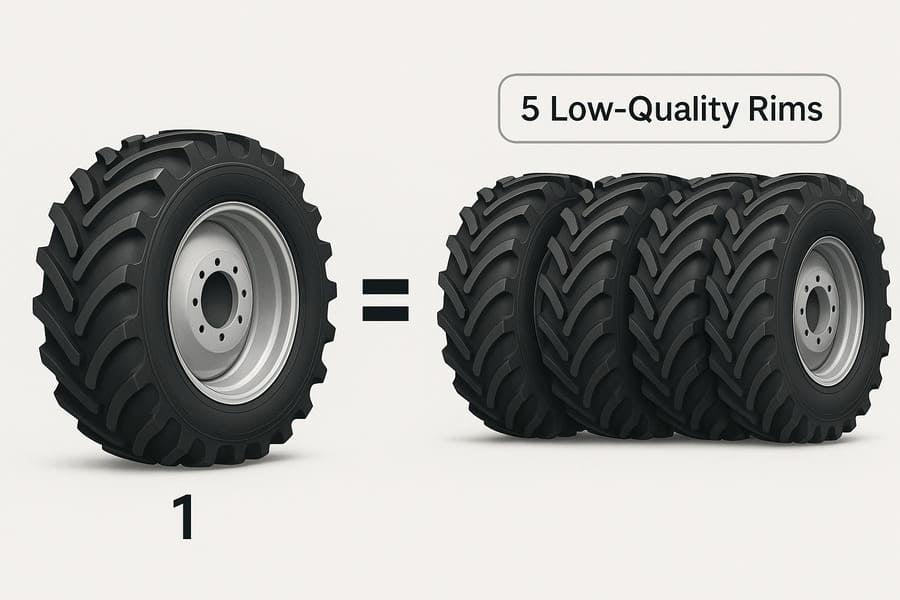 A graphic illustrating one durable rim lasting as long as five separate, low-quality rims.