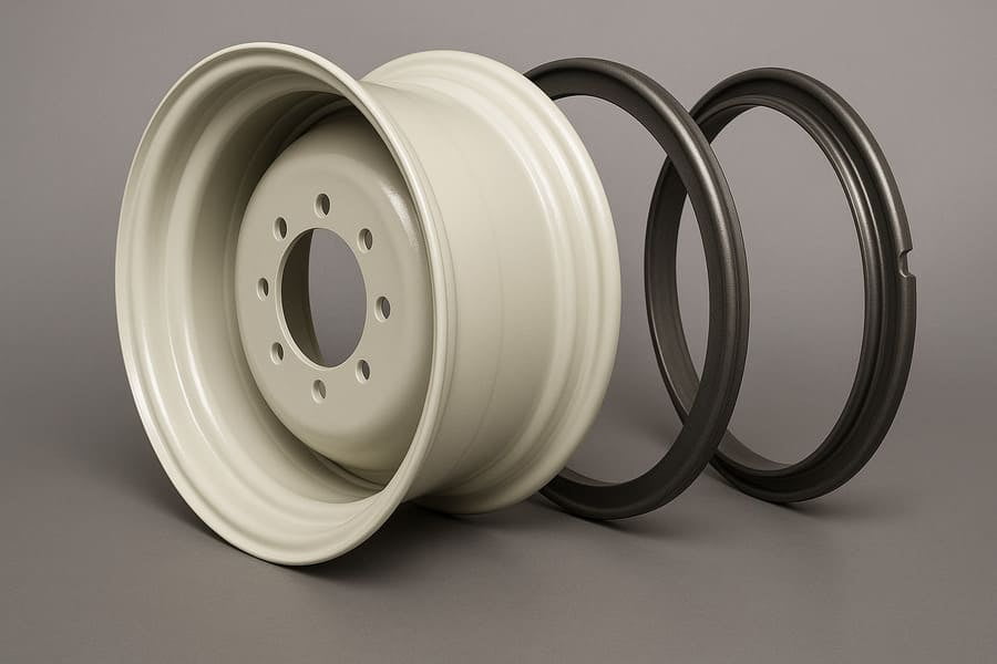 A diagram or close-up showing the separate components of a multi-piece rim: rim base, side ring, and lock ring.