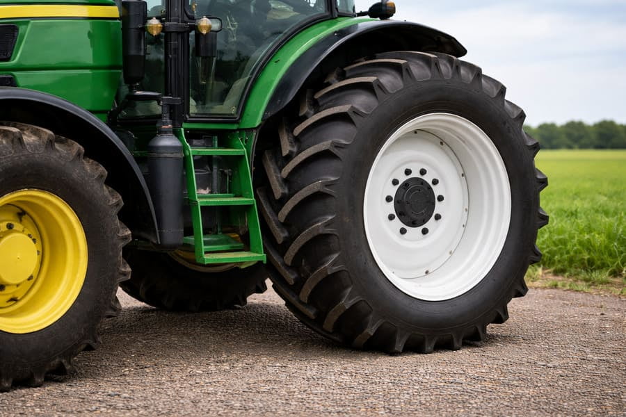 A close-up shot of a brand-new, glossy agricultural rim mounted on a clean, used tractor.