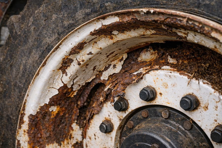 A close-up shot showing severe corrosion and paint peeling on a standard TMR mixer rim.