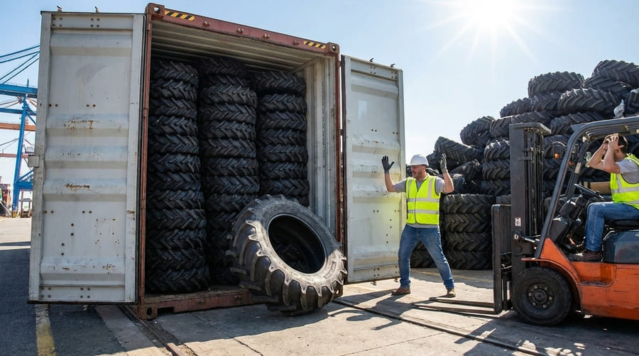 A single, large shipping container being unloaded, full of identical agricultural tires.