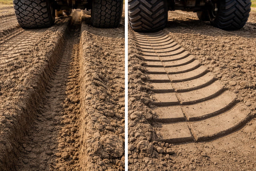 A side-by-side comparison showing the deep rut of a narrow truck tire versus the minimal impression of a wide flotation tire.