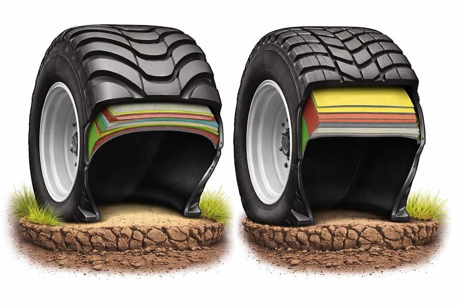 A cross-section diagram comparing the flexible sidewall of a flotation tire to the rigid sidewall of a truck tire.