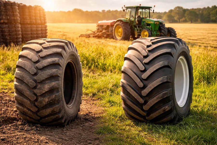 A comparison image showing a basic cross-ply tire next to a modern radial flotation tire.