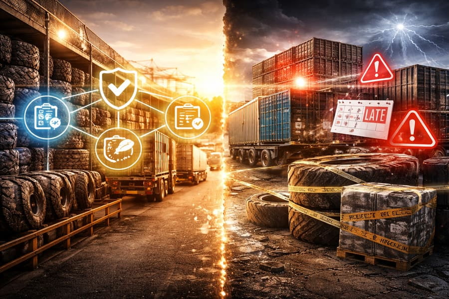 A diagram showing a secure supply chain on one side and a broken, chaotic one on the other.