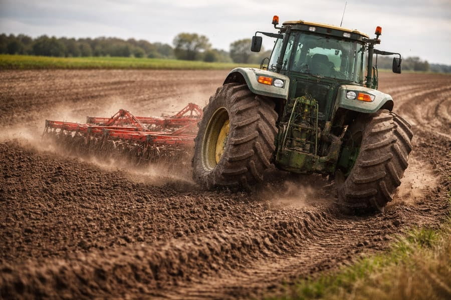 An agricultural tractor making a sharp headland turn in a field
