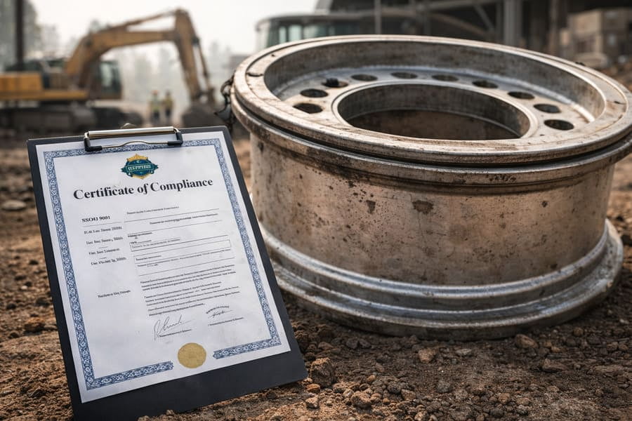 An official-looking compliance certificate next to a large OTR rim