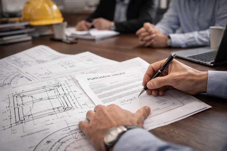 A project manager signing off on a blueprint or purchase order