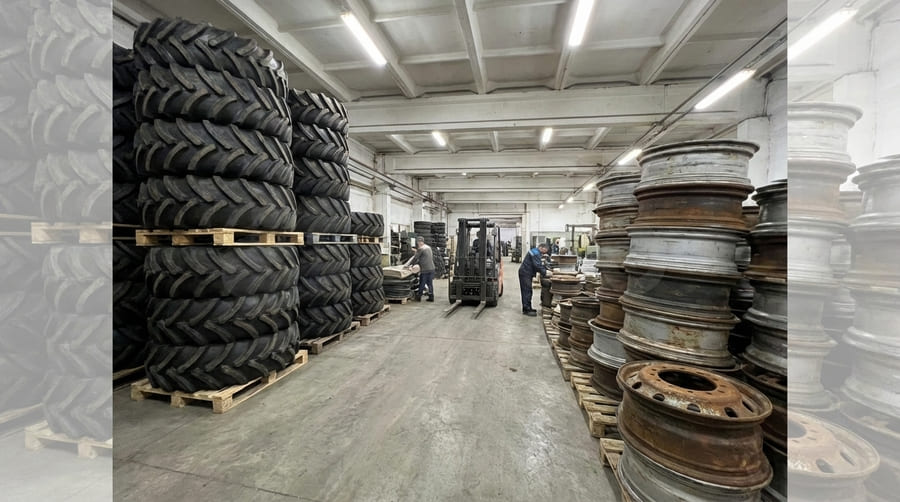 Separate stacks of tires and rims in a warehouse, representing inefficiency and multiple costs.