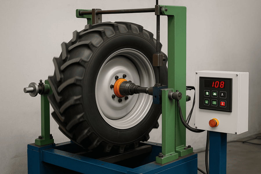 A machine performing a dynamic balance test on an agricultural wheel.