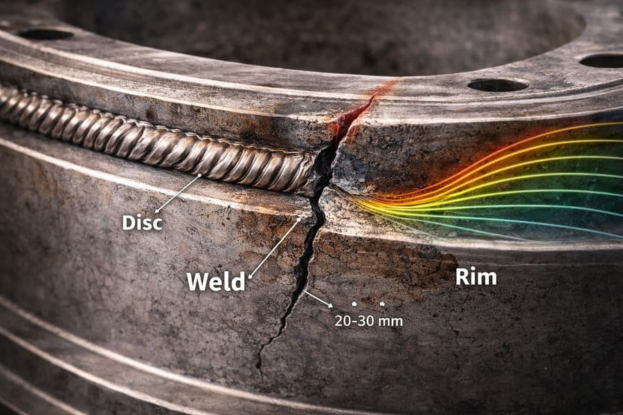 A cross-section of an OTR wheel showing the weld, disc, and rim components
