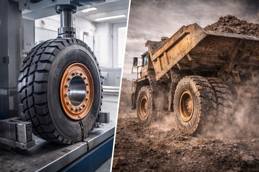 A certified standards sticker peeling off a cracked OTR wheel
