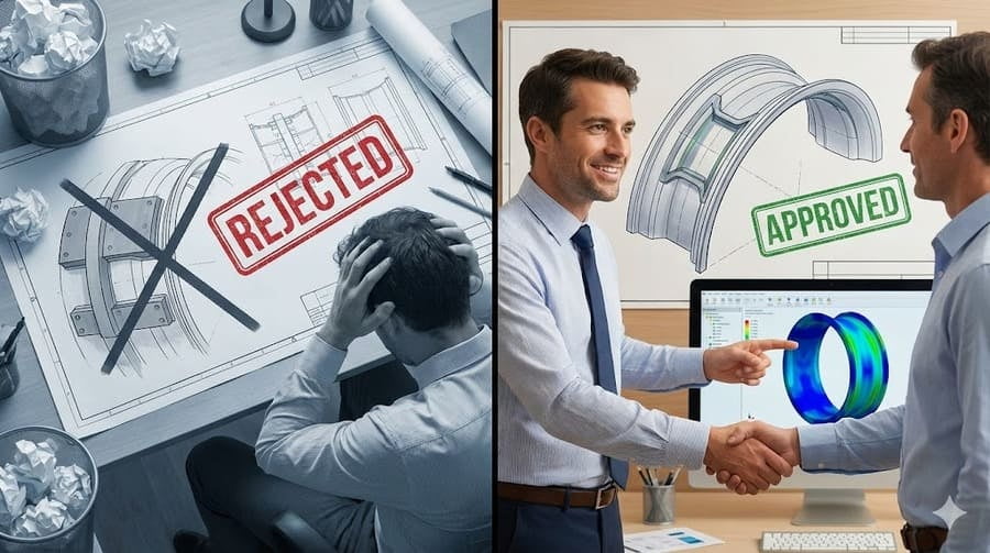 A diagram showing stress flow lines concentrating dangerously around a poorly placed reinforcement plate on an OTR rim