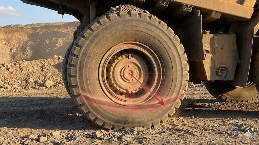 A diagram showing the difference between a otr wheel's geometric center and its actual dynamic load center under pressure