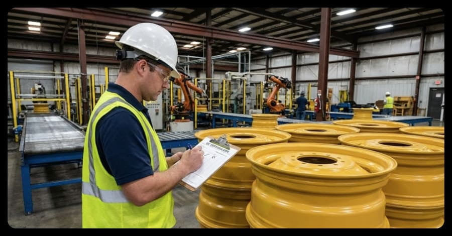 A quality control inspector ticking a box on a clipboard next to a stack of finished OTR rims