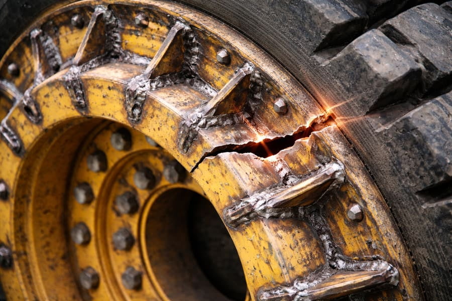 A diagram showing a smooth stress path vs. a fragmented stress path in an over-welded wheel