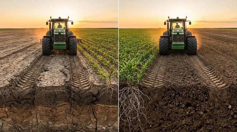 A cross-section diagram comparing standard tire soil compaction vs. low-pressure IF/VF tire compaction.