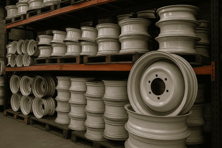 A cluttered warehouse shelf stacked high with various fixed welded agricultural rims.