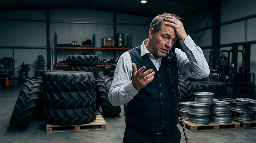 A frustrated procurement manager on the phone, with separate stacks of tires and rims in the background.